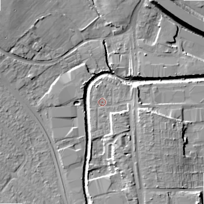 Shaded relief map of the ground around B422GA, computed from Environment Agency LiDAR. The ground here sits at about 97 m above sea level and falls 15 m across the surrounding 800 m. Surface water reaching this point runs off ground lying to the south, 0.8 m higher.