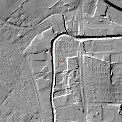 Shaded relief map of the ground around B422GB, computed from Environment Agency LiDAR. The ground here sits at about 98 m above sea level and falls 13 m across the surrounding 800 m. Surface water reaching this point runs off ground lying to the east, 4.4 m higher.
