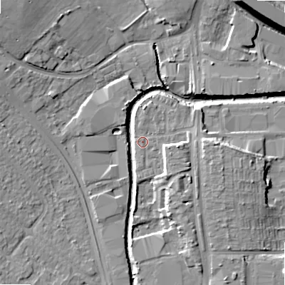 Shaded relief map of the ground around B422GE, computed from Environment Agency LiDAR. The ground here sits at about 98 m above sea level and falls 14 m across the surrounding 800 m. Surface water reaching this point runs off ground lying to the east-south-east, 0.6 m higher.