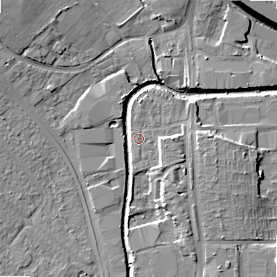 Shaded relief map of the ground around B422GF, computed from Environment Agency LiDAR. The ground here sits at about 98 m above sea level and falls 14 m across the surrounding 800 m. Surface water reaching this point runs off ground lying to the east, 0.6 m higher.