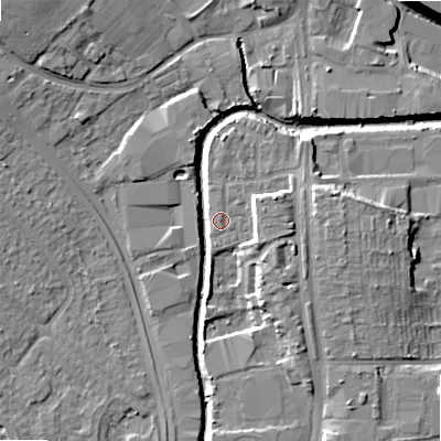 Shaded relief map of the ground around B422GH, computed from Environment Agency LiDAR. The ground here sits at about 98 m above sea level and falls 13 m across the surrounding 800 m. Surface water reaching this point runs off ground lying to the east-south-east, 4.5 m higher.