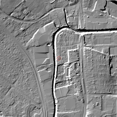 Shaded relief map of the ground around B422GJ, computed from Environment Agency LiDAR. The ground here sits at about 98 m above sea level and falls 12 m across the surrounding 800 m. Surface water reaching this point runs off ground lying to the east-south-east, 8.3 m higher.