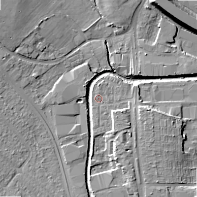 Shaded relief map of the ground around B422GL, computed from Environment Agency LiDAR. The ground here sits at about 98 m above sea level and falls 15 m across the surrounding 800 m. Surface water reaching this point runs off ground lying to the south-south-east, 0.8 m higher.