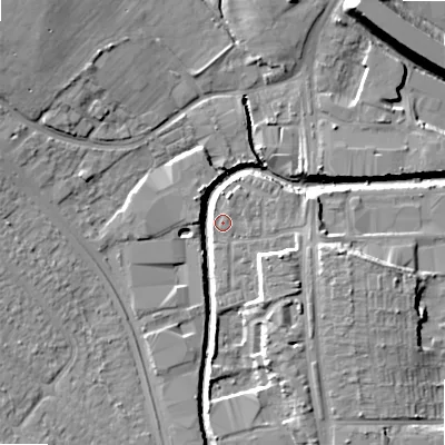 Shaded relief map of the ground around B422GN, computed from Environment Agency LiDAR. The ground here sits at about 98 m above sea level and falls 15 m across the surrounding 800 m. Surface water reaching this point runs off ground lying to the north-west, 5.3 m higher.