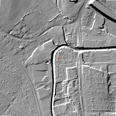 Shaded relief map of the ground around B422GP, computed from Environment Agency LiDAR. The ground here sits at about 98 m above sea level and falls 15 m across the surrounding 800 m. Surface water reaching this point runs off ground lying to the north-north-east, 0.7 m higher.