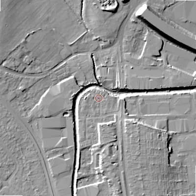 Shaded relief map of the ground around B422GR, computed from Environment Agency LiDAR. The ground here sits at about 97 m above sea level and falls 15 m across the surrounding 800 m. Surface water reaching this point runs off ground lying to the south-south-east, 5.5 m higher.