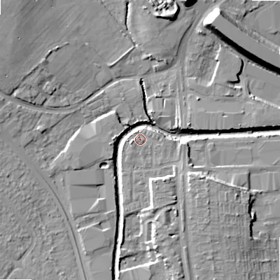 Shaded relief map of the ground around B422GS, computed from Environment Agency LiDAR. The ground here sits at about 98 m above sea level and falls 16 m across the surrounding 800 m. Surface water reaching this point runs off ground lying to the south-south-east, 6.0 m higher.