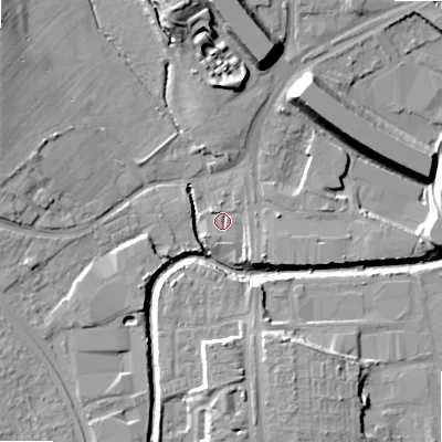 Shaded relief map of the ground around B422HB, computed from Environment Agency LiDAR. The ground here sits at about 96 m above sea level and falls 17 m across the surrounding 800 m. Surface water reaching this point runs off ground lying to the north, 14.3 m higher.