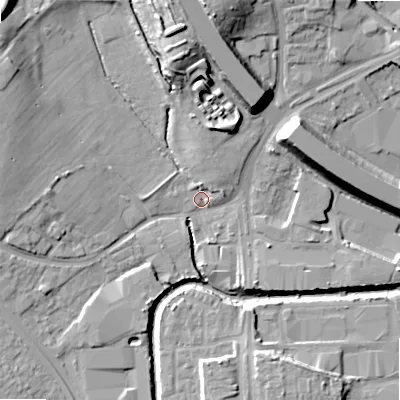 Shaded relief map of the ground around B422LA, computed from Environment Agency LiDAR. The ground here sits at about 96 m above sea level and falls 20 m across the surrounding 800 m. Surface water reaching this point runs off ground lying to the north, 16.1 m higher.