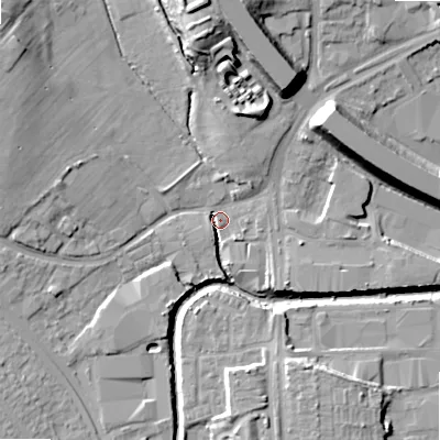 Shaded relief map of the ground around B422LB, computed from Environment Agency LiDAR. The ground here sits at about 96 m above sea level and falls 19 m across the surrounding 800 m. Surface water reaching this point runs off ground lying to the north, 16.5 m higher.