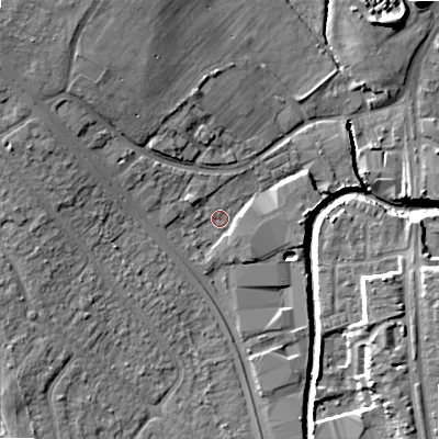 Shaded relief map of the ground around B422LE, computed from Environment Agency LiDAR. The ground here sits at about 97 m above sea level and falls 14 m across the surrounding 800 m. Surface water reaching this point runs off ground lying to the west-north-west, 3.1 m higher.