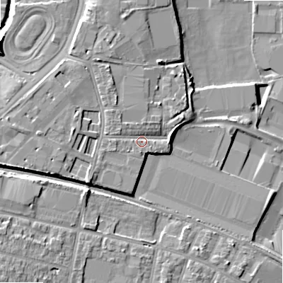 Shaded relief map of the ground around B422TA, computed from Environment Agency LiDAR. The ground here sits at about 99 m above sea level and falls 11 m across the surrounding 800 m. Surface water reaching this point runs off ground lying to the north-north-west, 3.9 m higher.