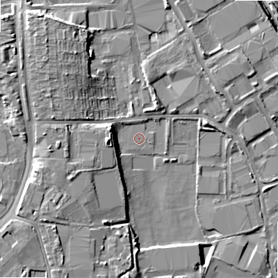 Shaded relief map of the ground around B422TU, computed from Environment Agency LiDAR. The ground here sits at about 95 m above sea level and falls 11 m across the surrounding 800 m. Surface water reaching this point runs off ground lying to the north-north-west, 1.0 m higher.