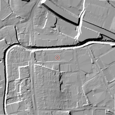Shaded relief map of the ground around B422TX, computed from Environment Agency LiDAR. The ground here sits at about 96 m above sea level and falls 15 m across the surrounding 800 m. Surface water reaching this point runs off ground lying to the west-south-west, 1.1 m higher.