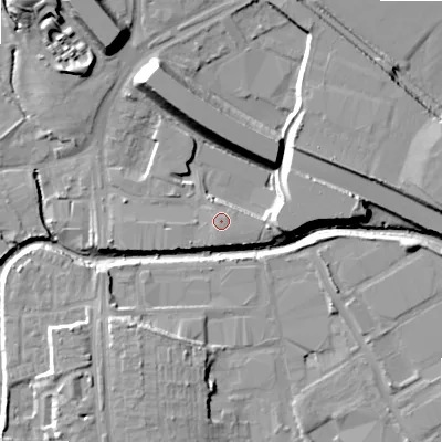 Shaded relief map of the ground around B422UB, computed from Environment Agency LiDAR. The ground here sits at about 98 m above sea level and falls 17 m across the surrounding 800 m. Surface water reaching this point runs off ground lying to the south-south-west, 0.8 m higher.