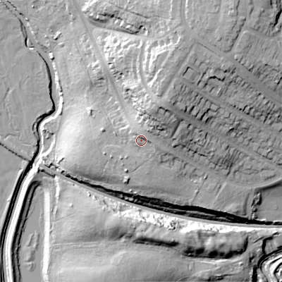 Shaded relief map of the ground around B435AG, computed from Environment Agency LiDAR. The ground here sits at about 120 m above sea level and falls 39 m across the surrounding 800 m. Surface water reaching this point runs off ground lying to the north-east, 3.7 m higher.