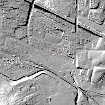 Shaded relief map of the ground around B435EH, computed from Environment Agency LiDAR. The ground here sits at about 101 m above sea level and falls 41 m across the surrounding 800 m. Surface water reaching this point runs off ground lying to the north, 25.4 m higher.