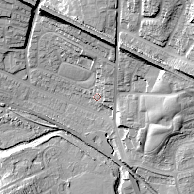 Shaded relief map of the ground around B435EJ, computed from Environment Agency LiDAR. The ground here sits at about 104 m above sea level and falls 44 m across the surrounding 800 m. Surface water reaching this point runs off ground lying to the north, 25.6 m higher.