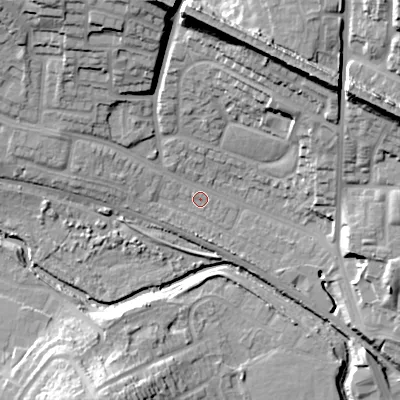 Shaded relief map of the ground around B435TB, computed from Environment Agency LiDAR. The ground here sits at about 102 m above sea level and falls 37 m across the surrounding 800 m. Surface water reaching this point runs off ground lying to the north-north-east, 24.5 m higher.