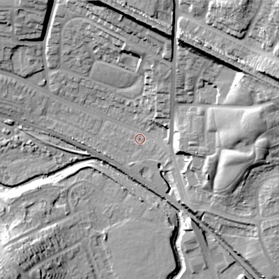 Shaded relief map of the ground around B435TD, computed from Environment Agency LiDAR. The ground here sits at about 101 m above sea level and falls 38 m across the surrounding 800 m. Surface water reaching this point runs off ground lying to the north-east, 35.4 m higher.