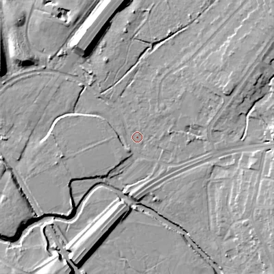 Shaded relief map of the ground around B436JE, computed from Environment Agency LiDAR. The ground here sits at about 107 m above sea level and falls 16 m across the surrounding 800 m. Surface water reaching this point runs off ground lying to the north-east, 2.8 m higher.