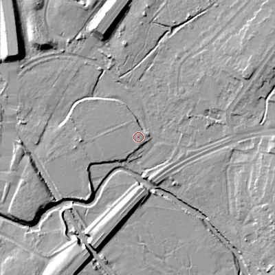 Shaded relief map of the ground around B436JF, computed from Environment Agency LiDAR. The ground here sits at about 108 m above sea level and falls 14 m across the surrounding 800 m. Surface water reaching this point runs off ground lying to the south-south-east, 0.7 m higher.