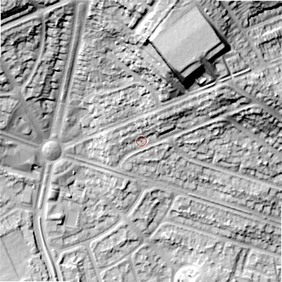 Shaded relief map of the ground around B440RJ, computed from Environment Agency LiDAR. The ground here sits at about 142 m above sea level and falls 36 m across the surrounding 800 m. Surface water reaching this point runs off ground lying to the north-east, 7.3 m higher.