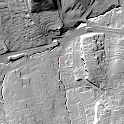 Shaded relief map of the ground around B459BS, computed from Environment Agency LiDAR. The ground here sits at about 192 m above sea level and falls 40 m across the surrounding 800 m. Surface water reaching this point runs off ground lying to the south-east, 27.4 m higher.