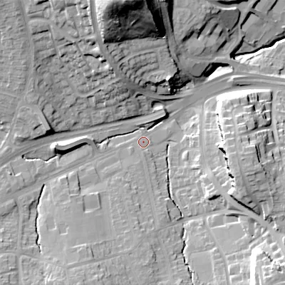 Shaded relief map of the ground around B459JH, computed from Environment Agency LiDAR. The ground here sits at about 192 m above sea level and falls 48 m across the surrounding 800 m. Surface water reaching this point runs off ground lying to the south-east, 25.4 m higher.