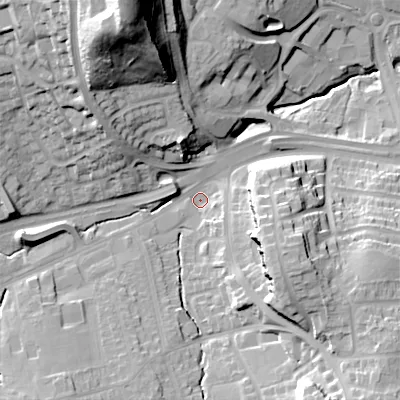 Shaded relief map of the ground around B459JL, computed from Environment Agency LiDAR. The ground here sits at about 190 m above sea level and falls 54 m across the surrounding 800 m. Surface water reaching this point runs off ground lying to the north-north-west, 46.5 m higher.
