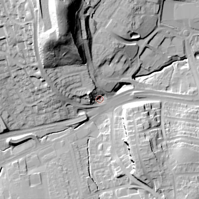 Shaded relief map of the ground around B459RQ, computed from Environment Agency LiDAR. The ground here sits at about 191 m above sea level and falls 57 m across the surrounding 800 m. Surface water reaching this point runs off ground lying to the north-north-west, 48.6 m higher.