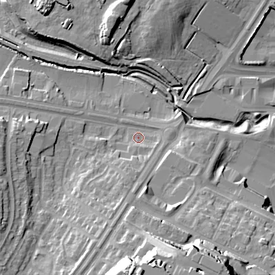 Shaded relief map of the ground around B459TX, computed from Environment Agency LiDAR. The ground here sits at about 172 m above sea level and falls 35 m across the surrounding 800 m. Surface water reaching this point runs off ground lying to the south, 28.8 m higher.