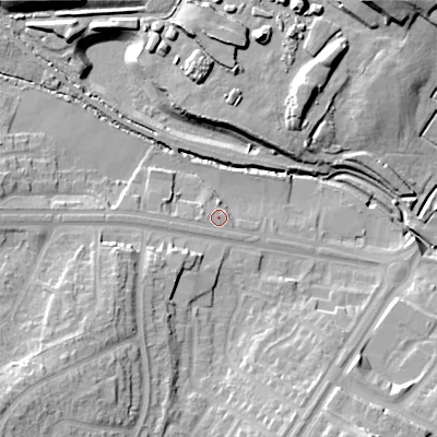 Shaded relief map of the ground around B459UA, computed from Environment Agency LiDAR. The ground here sits at about 175 m above sea level and falls 24 m across the surrounding 800 m. Surface water reaching this point runs off ground lying to the west, 3.5 m higher.