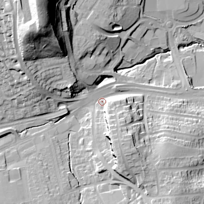 Shaded relief map of the ground around B459XS, computed from Environment Agency LiDAR. The ground here sits at about 192 m above sea level and falls 59 m across the surrounding 800 m. Surface water reaching this point runs off ground lying to the south-south-east, 23.8 m higher.