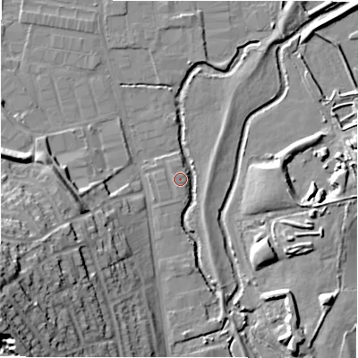 Shaded relief map of the ground around B461AT, computed from Environment Agency LiDAR. The ground here sits at about 74 m above sea level and falls 29 m across the surrounding 800 m. Surface water reaching this point runs off ground lying to the south, 3.4 m higher.