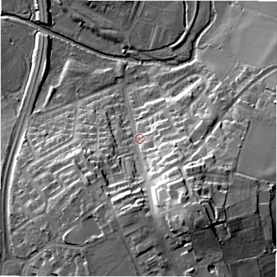Shaded relief map of the ground around B461AY, computed from Environment Agency LiDAR. The ground here sits at about 82 m above sea level and falls 36 m across the surrounding 800 m. Surface water reaching this point runs off ground lying to the south-south-east, 27.8 m higher.