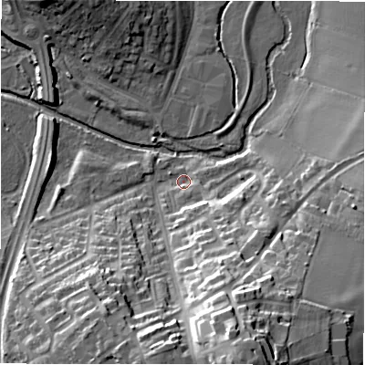 Shaded relief map of the ground around B461BU, computed from Environment Agency LiDAR. The ground here sits at about 75 m above sea level and falls 36 m across the surrounding 800 m. Surface water reaching this point runs off ground lying to the south-east, 8.4 m higher.