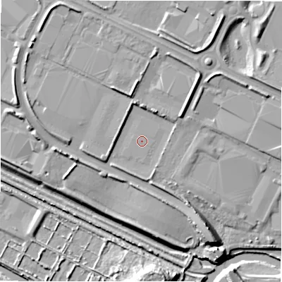 Shaded relief map of the ground around B461DA, computed from Environment Agency LiDAR. The ground here sits at about 78 m above sea level and falls 14 m across the surrounding 800 m. The ground contributing surface water to this point lies to the west-north-west.