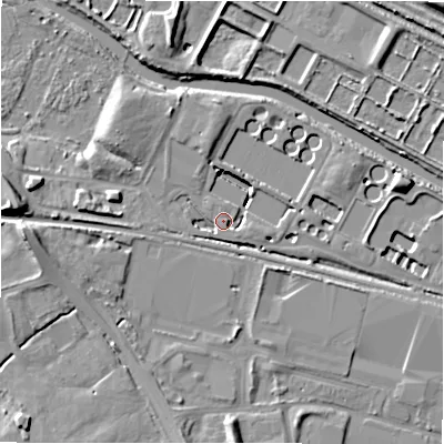 Shaded relief map of the ground around B461DG, computed from Environment Agency LiDAR. The ground here sits at about 75 m above sea level and falls 14 m across the surrounding 800 m. Surface water reaching this point runs off ground lying to the east-north-east, 3.5 m higher.