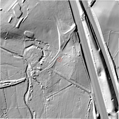 Shaded relief map of the ground around B461DP, computed from Environment Agency LiDAR. The ground here sits at about 81 m above sea level and falls 20 m across the surrounding 800 m. Surface water reaching this point runs off ground lying to the east, 6.3 m higher.