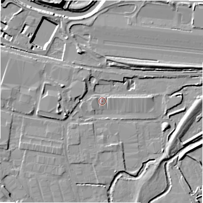 Shaded relief map of the ground around B461DT, computed from Environment Agency LiDAR. The ground here sits at about 73 m above sea level and falls 12 m across the surrounding 800 m. Surface water reaching this point runs off ground lying to the west-north-west, 0.9 m higher.