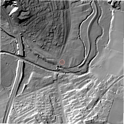 Shaded relief map of the ground around B461EE, computed from Environment Agency LiDAR. The ground here sits at about 74 m above sea level and falls 28 m across the surrounding 800 m. Surface water reaching this point runs off ground lying to the north-west, 21.9 m higher.