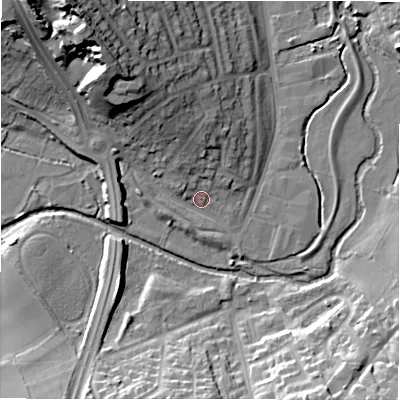 Shaded relief map of the ground around B461EG, computed from Environment Agency LiDAR. The ground here sits at about 75 m above sea level and falls 30 m across the surrounding 800 m. Surface water reaching this point runs off ground lying to the north-west, 21.9 m higher.