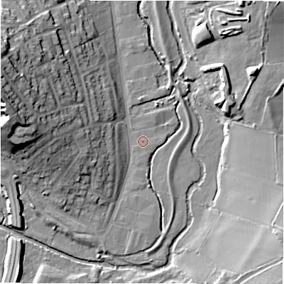Shaded relief map of the ground around B461HT, computed from Environment Agency LiDAR. The ground here sits at about 74 m above sea level and falls 26 m across the surrounding 800 m. Surface water reaching this point runs off ground lying to the south, 0.6 m higher.