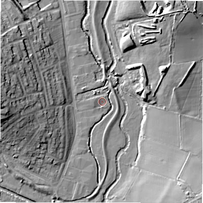 Shaded relief map of the ground around B461HU, computed from Environment Agency LiDAR. The ground here sits at about 73 m above sea level and falls 22 m across the surrounding 800 m. Surface water reaching this point runs off ground lying to the south-south-west, 2.9 m higher.