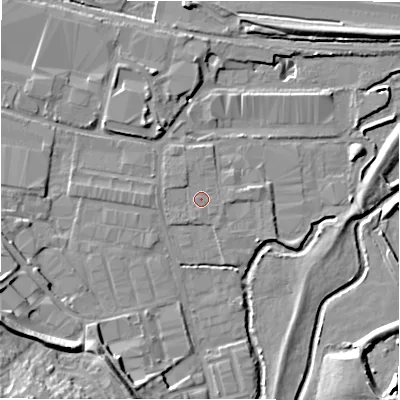 Shaded relief map of the ground around B461JG, computed from Environment Agency LiDAR. The ground here sits at about 74 m above sea level and falls 17 m across the surrounding 800 m. The ground contributing surface water to this point lies to the south.