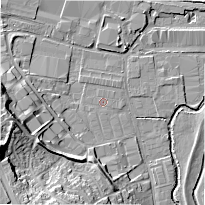 Shaded relief map of the ground around B461JP, computed from Environment Agency LiDAR. The ground here sits at about 74 m above sea level and falls 28 m across the surrounding 800 m. Surface water reaching this point runs off ground lying to the west-south-west, 24.6 m higher.