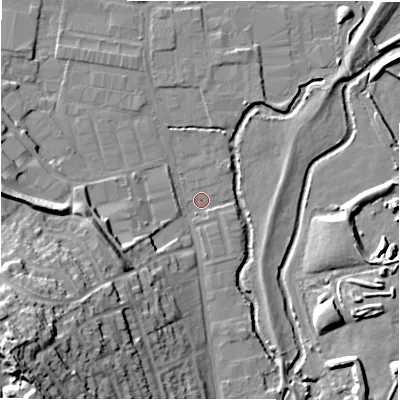 Shaded relief map of the ground around B461JR, computed from Environment Agency LiDAR. The ground here sits at about 73 m above sea level and falls 32 m across the surrounding 800 m. Surface water reaching this point runs off ground lying to the south-west, 28.4 m higher.