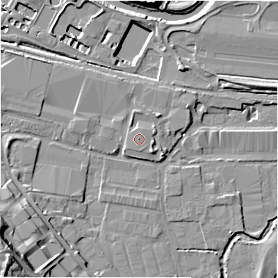 Shaded relief map of the ground around B461JU, computed from Environment Agency LiDAR. The ground here sits at about 76 m above sea level and falls 24 m across the surrounding 800 m. The ground contributing surface water to this point lies to the south-south-east.