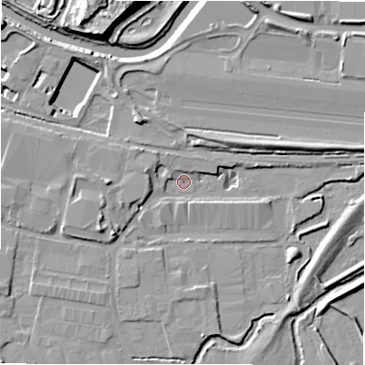Shaded relief map of the ground around B461JY, computed from Environment Agency LiDAR. The ground here sits at about 72 m above sea level and falls 14 m across the surrounding 800 m. Surface water reaching this point runs off ground lying to the west-south-west, 5.3 m higher.